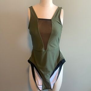 Cupshe One Piece Swimsuit Olive Green/Black Mess and Trim